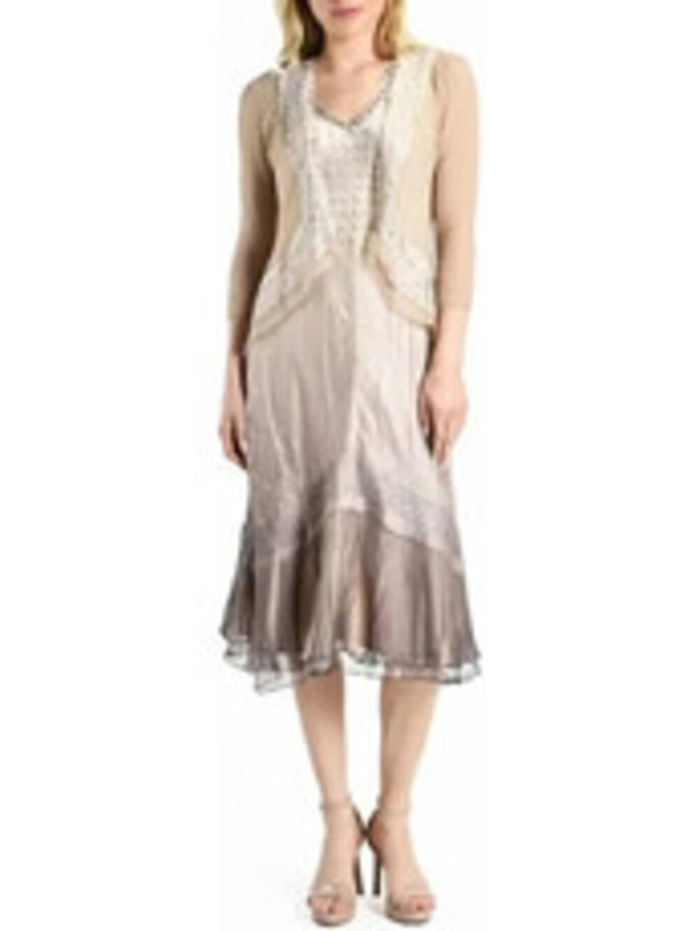 NEW, Koma Rov Beaded Neck Tiered Chiffon & Charmeuse Midi Dress Size S #MD2194